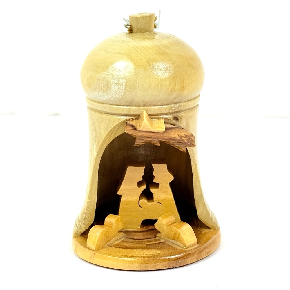 Vntg Christmas Holy Land Nativity Scene Holy Family Hand Carved Olive Wood Bell